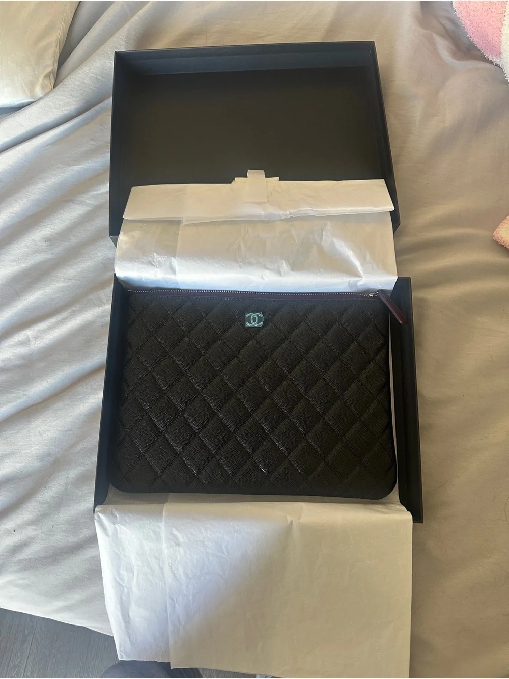 CHANEL Black Quilted Leather Zip Pouch with Silver Logo